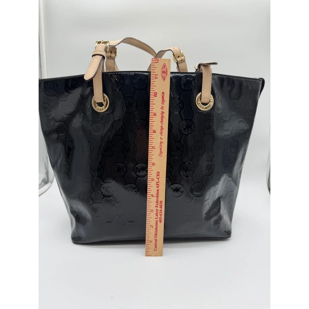Michael Kors Black Patent Leather Monogram Tote Bag Gold‎ Hardware